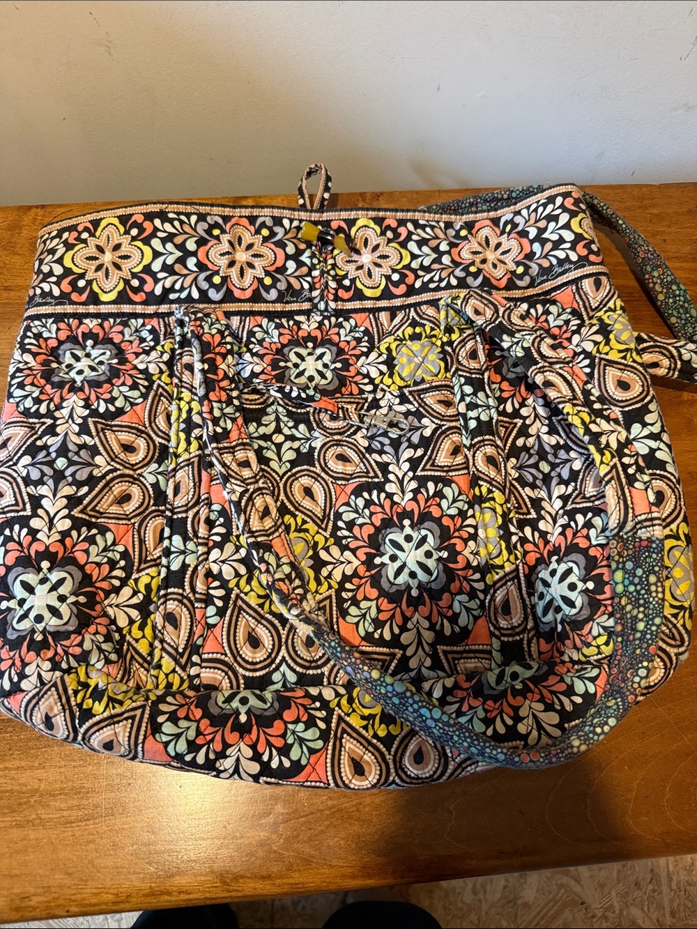 Vera Bradley Black Floral Quilted Tote with Coral, Yellow & Light Blue Accents